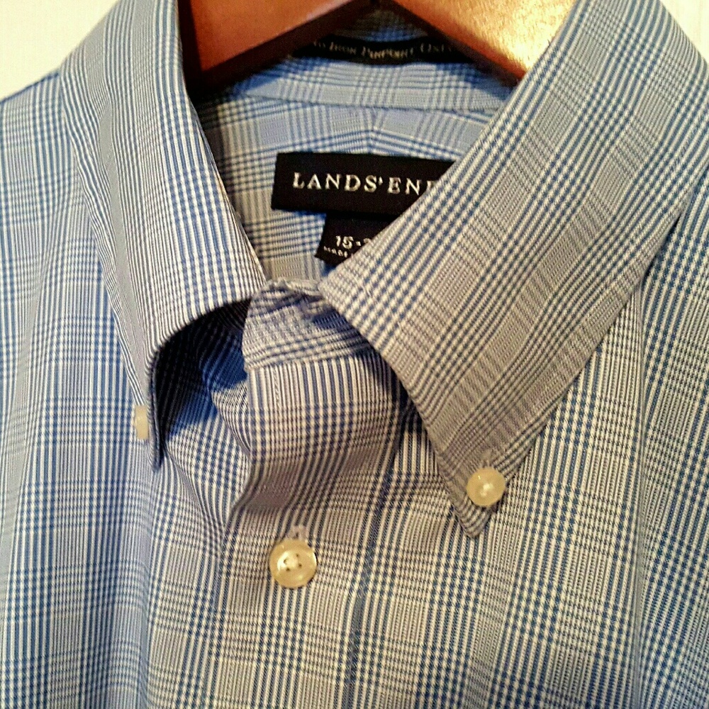 Land's End No Iron Checked Blue Oxford. Size 15