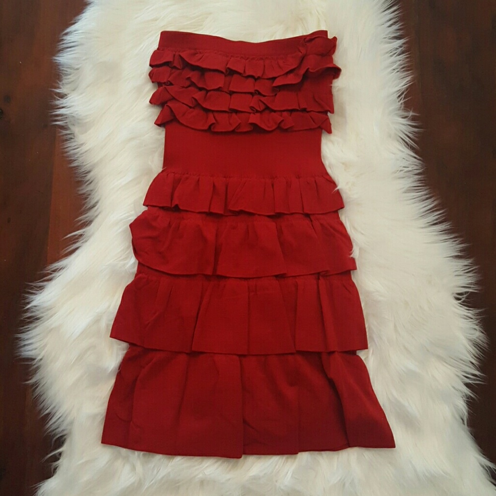 Red ruffle strapless dress