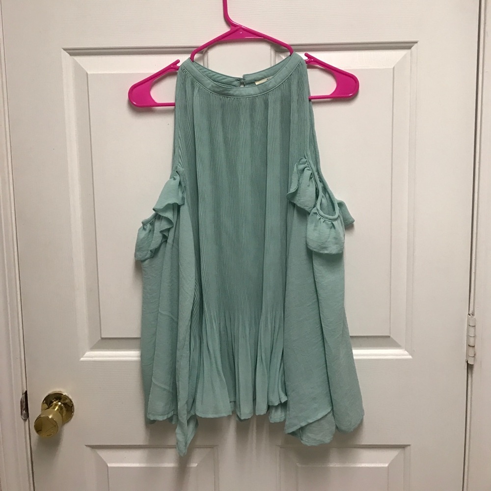 Seafoam green cold shoulder Bell sleeve top