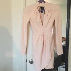 Cream Long Sleeve Choker Body Con Cut Out Dress