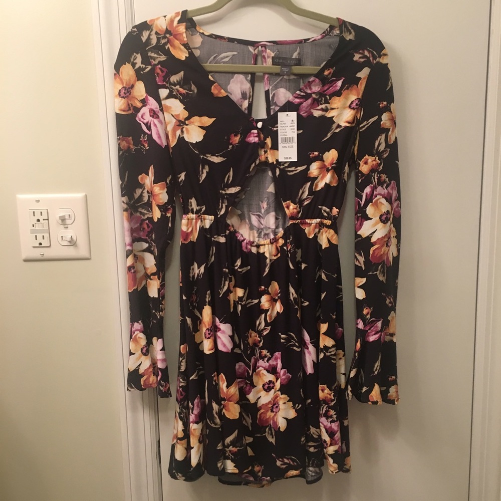 Kendall and Kylie floral, bell sleeve mini dress.
