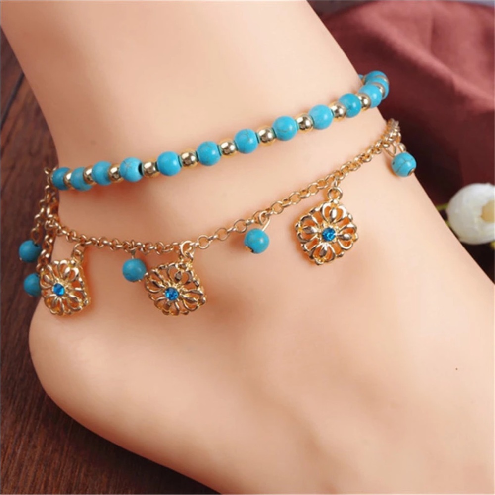 Turquoise gold tone Anklet set