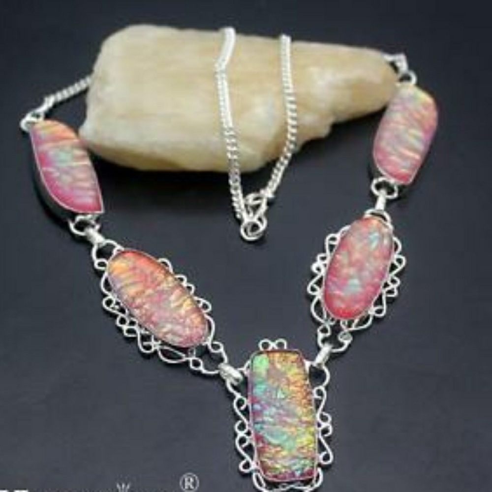 Sterling Dichroic Pink Irredescent Glass Necklace