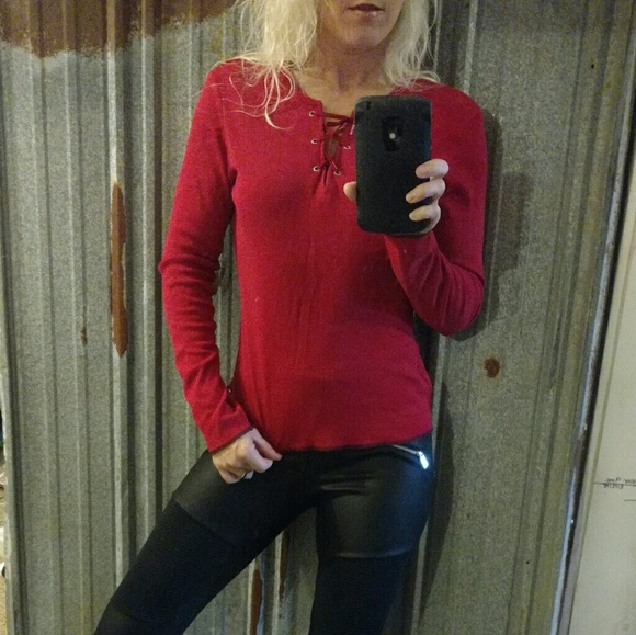 Tommy Hilfiger Tops - Red Tommy Hilfiger Lace Up Long Sleeve Shirt