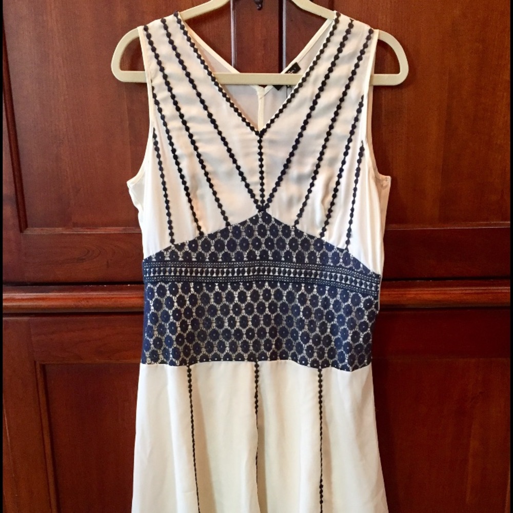 White with blue crocheted detail dress. NWT