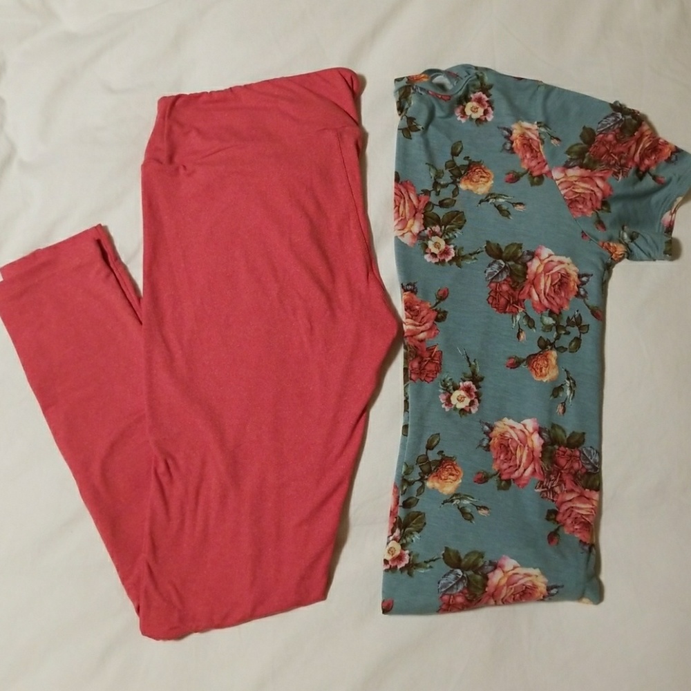 Coral LuLaRoe OS leggings and floral tee