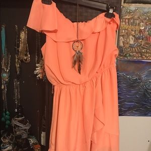 Off the shoulder coral hi-low dress