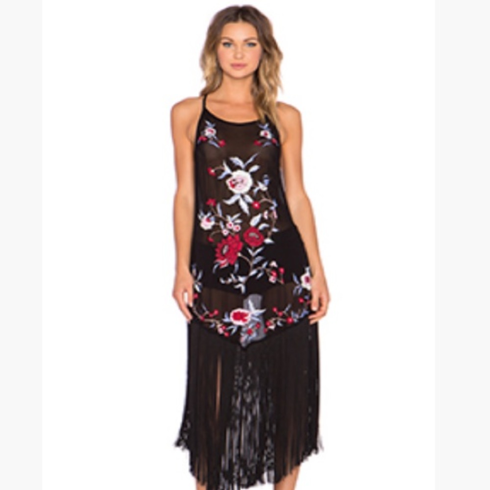 Black Floral Appliqué Dress with Fringe
