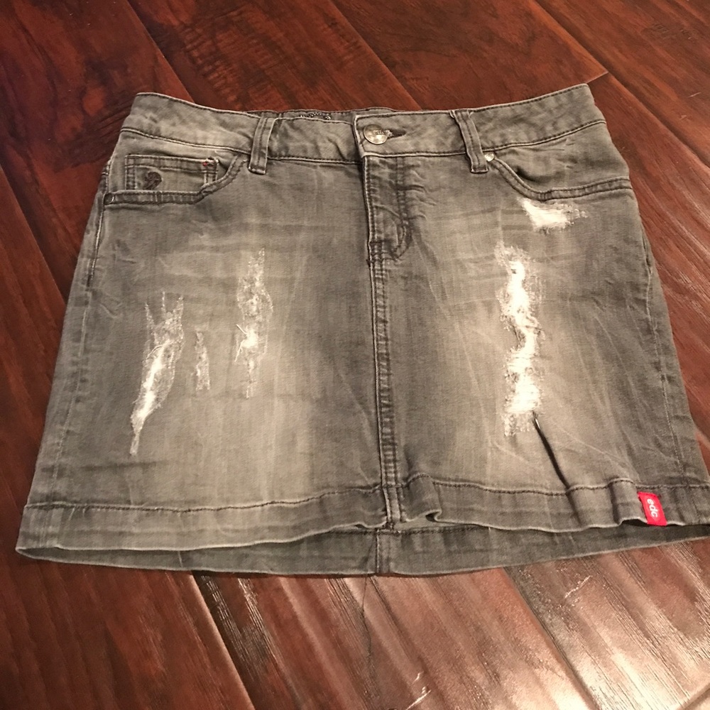 Distressed grey denim skirt