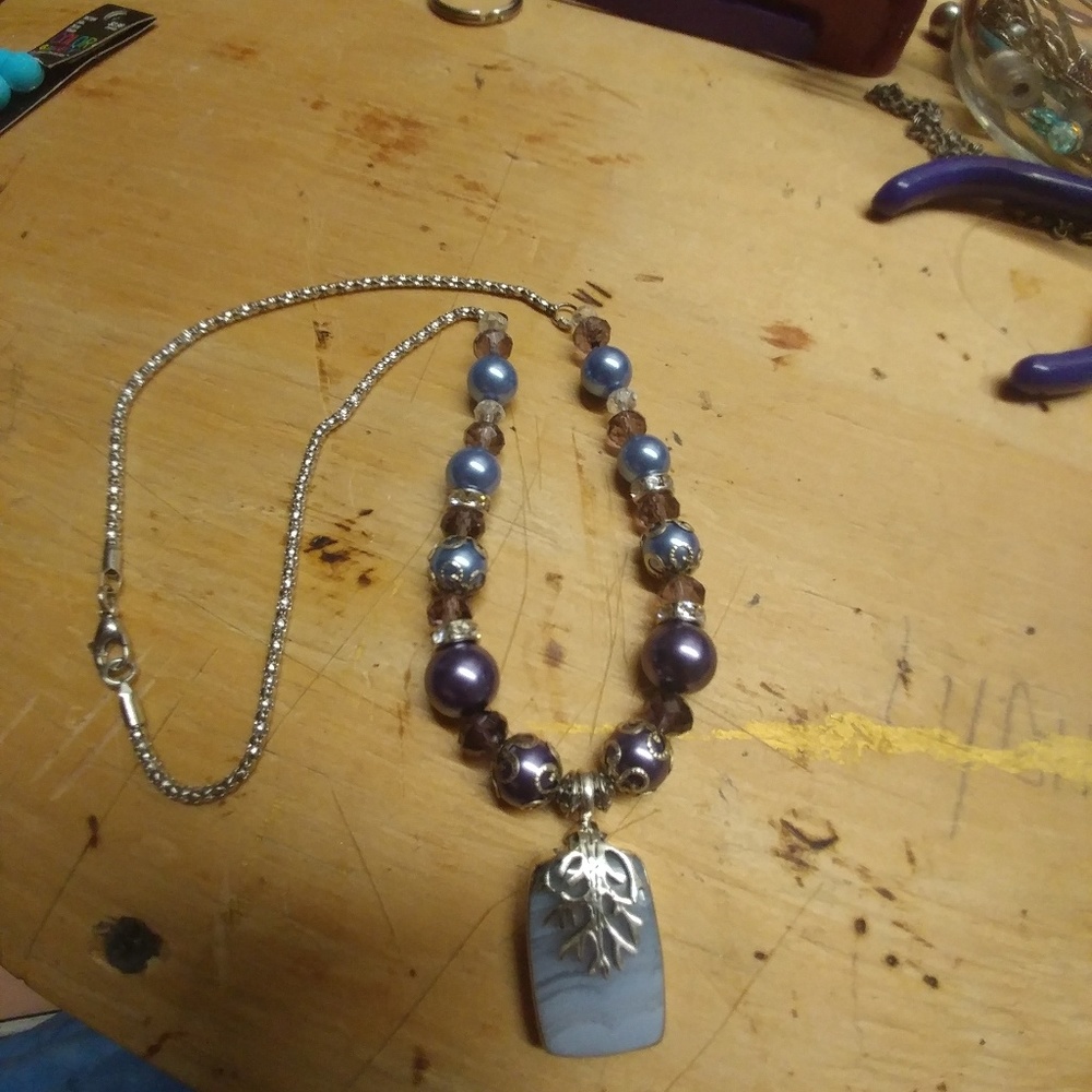 Blue lace agate pendant necklace, handmade
