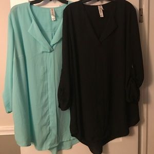 2 long black and light aqua shirts