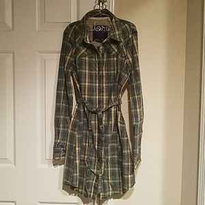 NWT Navy Blue, Mustard Plaid Button-Up Guess Dress
