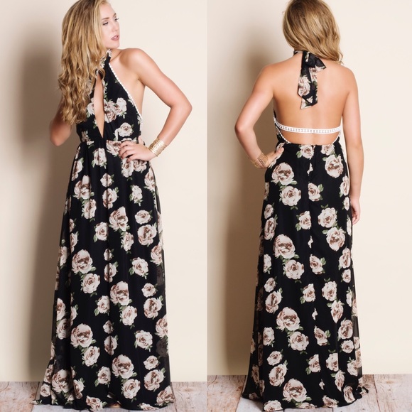 Bellanblue Dresses - Floral Halter Maxi Dress - BLACK Bellanblue Dresses - Floral Halter Maxi Dress - BLACK