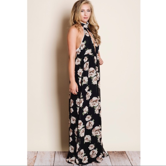 Bellanblue Dresses - Floral Halter Maxi Dress - BLACK Bellanblue Dresses - Floral Halter Maxi Dress - BLACK