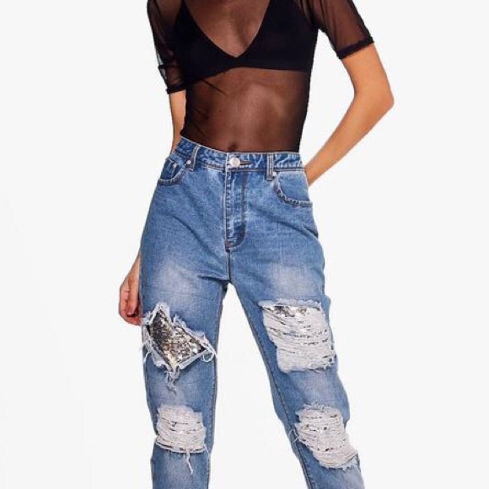 HOT Mermaid Sequin Destroyed Boyfriend Jeans