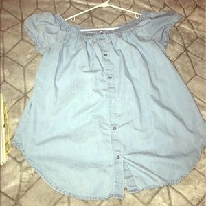 Blue off shoulder button up top