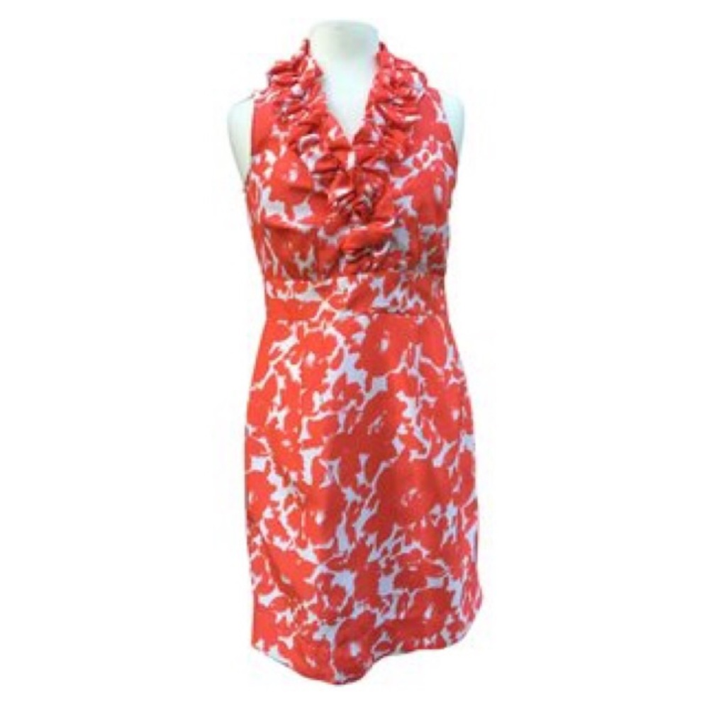 Just Taylor Ruffled Neck, orange floral dress