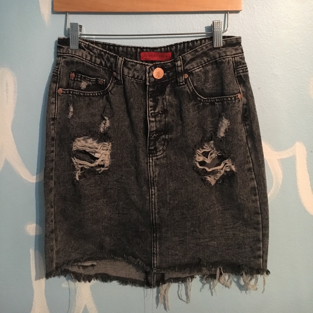 Distressed high waisted denim skirt