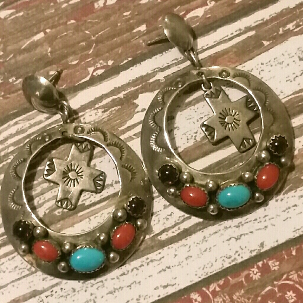 Sterling Silver Navajo Vintage Earrings Turq./Cor.