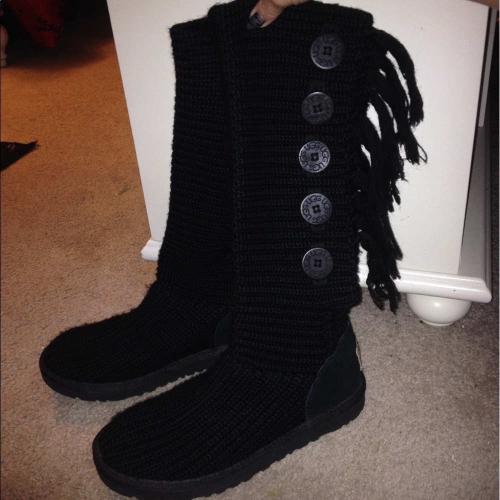Black Tall Knit Ugg Boots with Fringe