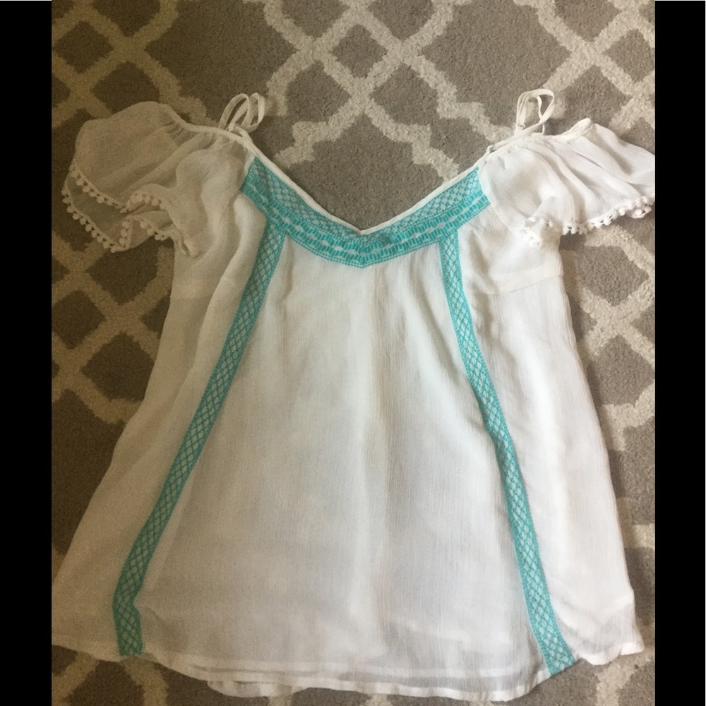 Cream and Aqua Off the Shoulder Top