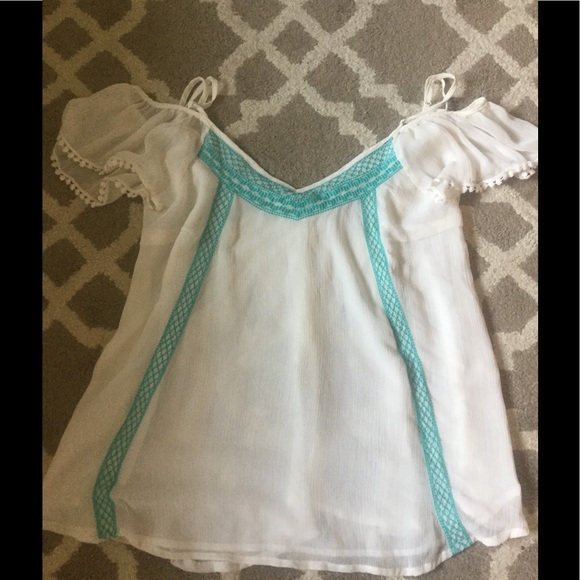 Cream and Aqua Off the Shoulder Top - Picture 1 of 8