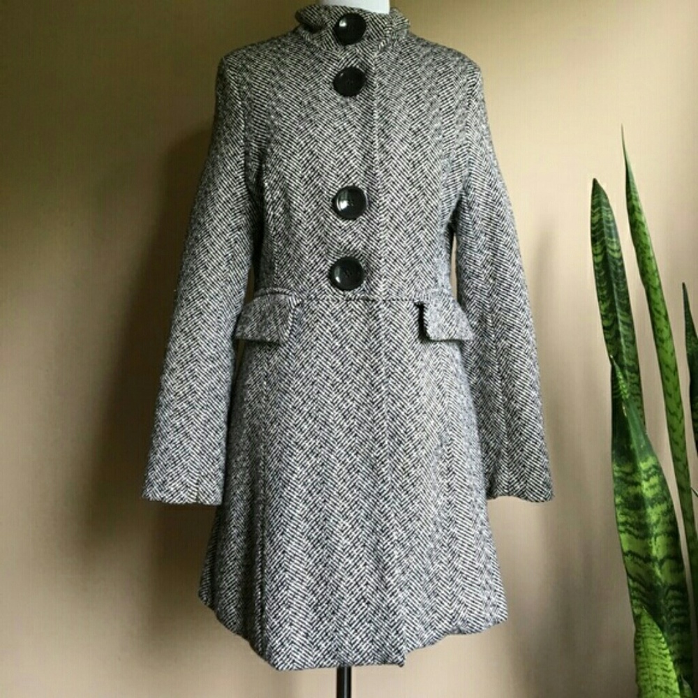 Herringbone Black Button Coat
