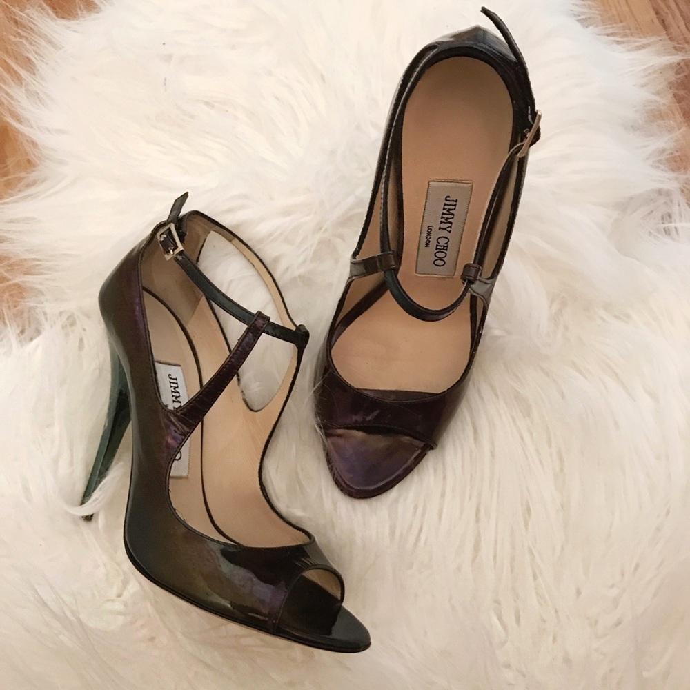 Jimmy Choo petrol holographic patent leather heel