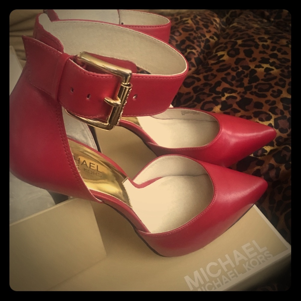 Michael Kors red pointy toe heels with gold buckle