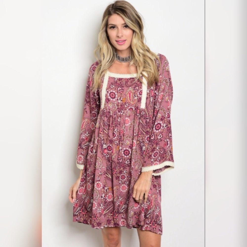 👒 Mauve Cream Print Boho Dress👒