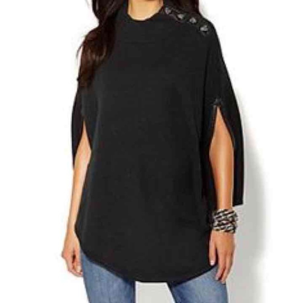 NY&CO poncho withfaux leather detail and buttons