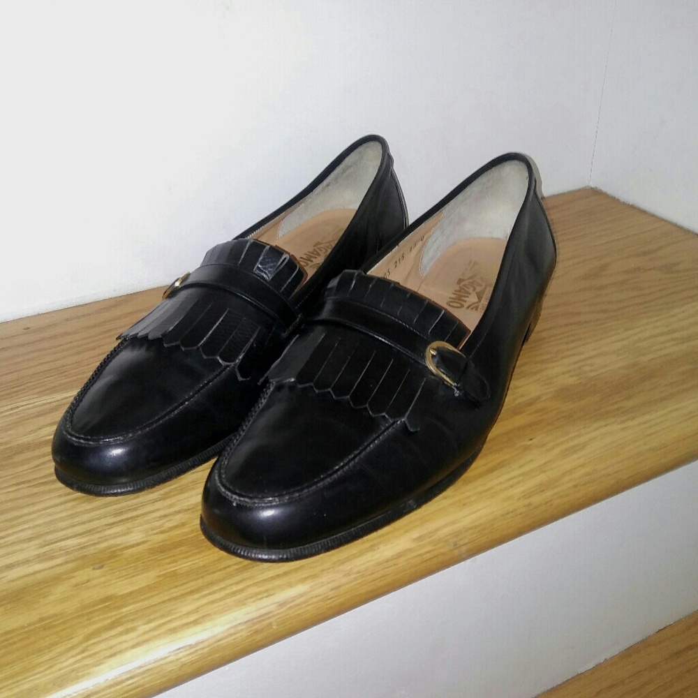 Ferragamo Kiltie Buckle Black Loafers sz 13D