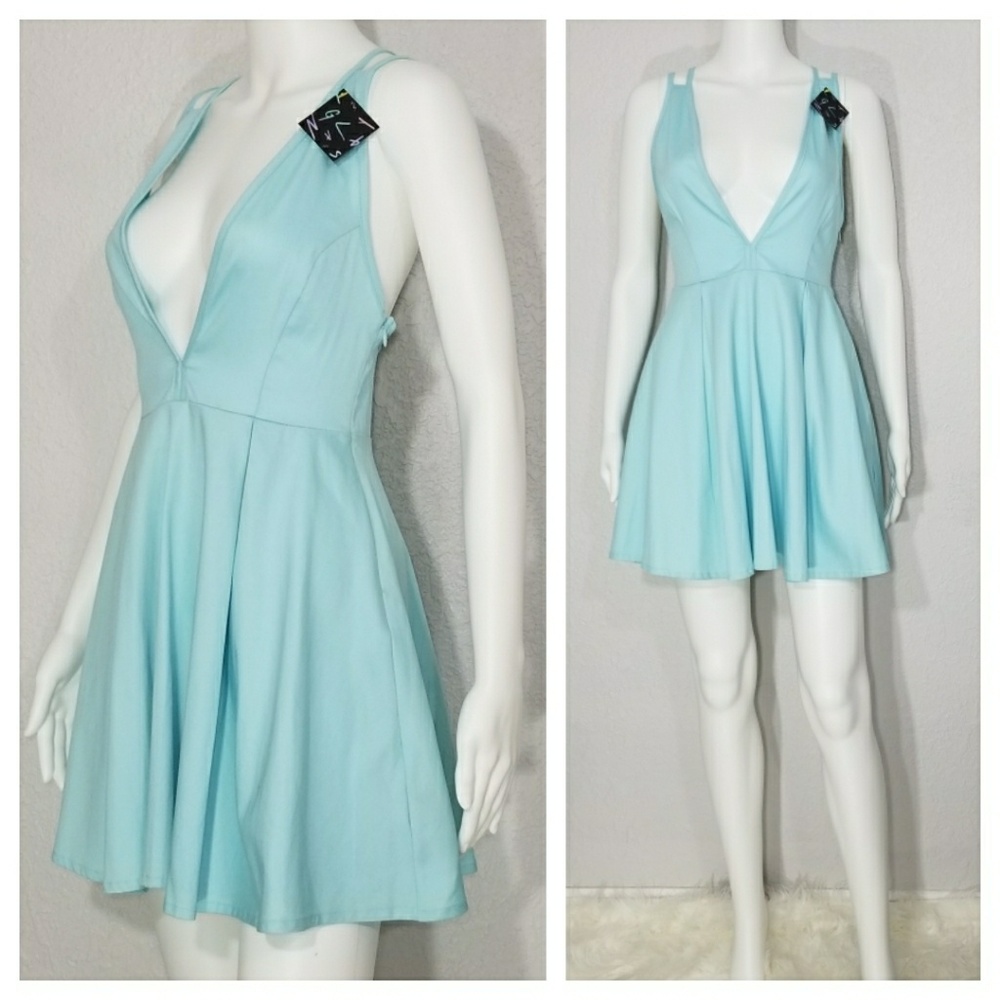 Nasty Gal Pastel BlueDeep V-Neck Mini Dress NWT