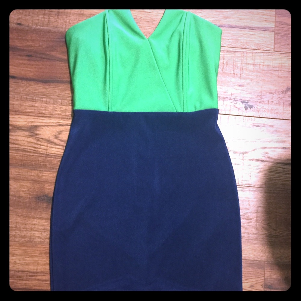 Green and navy form fitting mini dress