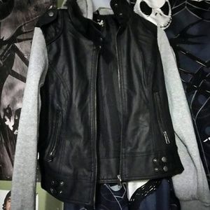 Hooded Leather jacket w/ cotton sleeves