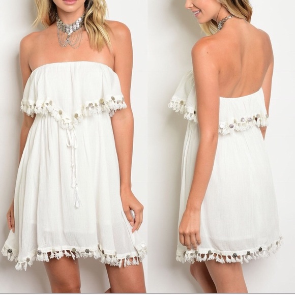glamvault Dresses & Skirts - Ivory Strapless Dress with Tassel Fringe