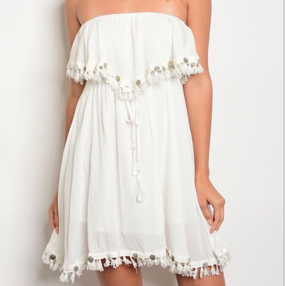 Ivory Strapless Dress with Tassel Fringe - Picture 2 of 4