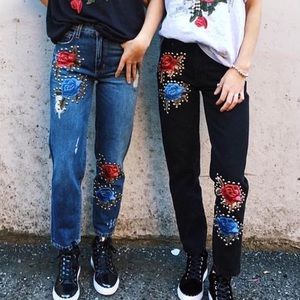 LF Rose and Stud Embroidered Black Carmar Jeans