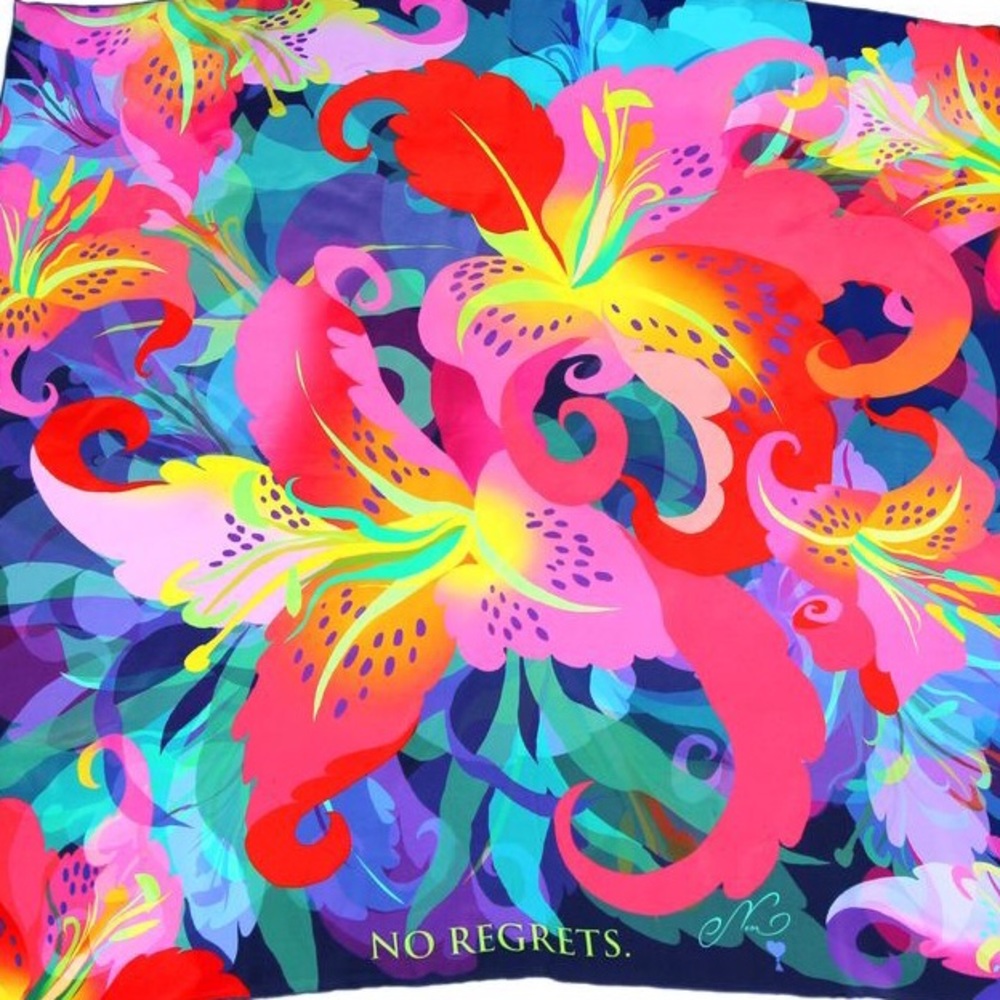 100% silk square scarf pink purple wrap"No Regrets" - tiger lily