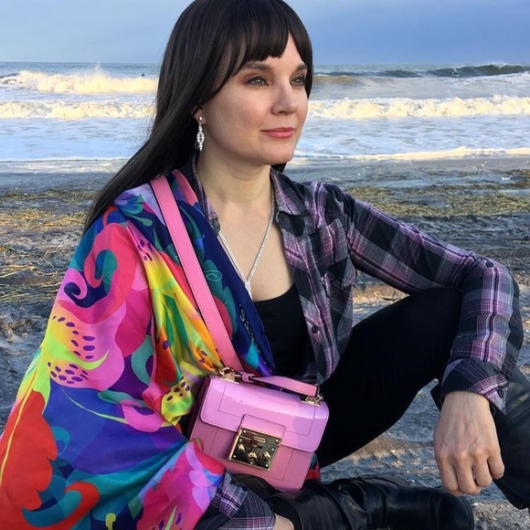 100% silk square scarf pink purple wrap"No Regrets" - tiger lily - Picture 3 of 8