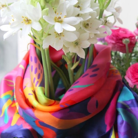 100% silk square scarf pink purple wrap"No Regrets" - tiger lily - Picture 4 of 8