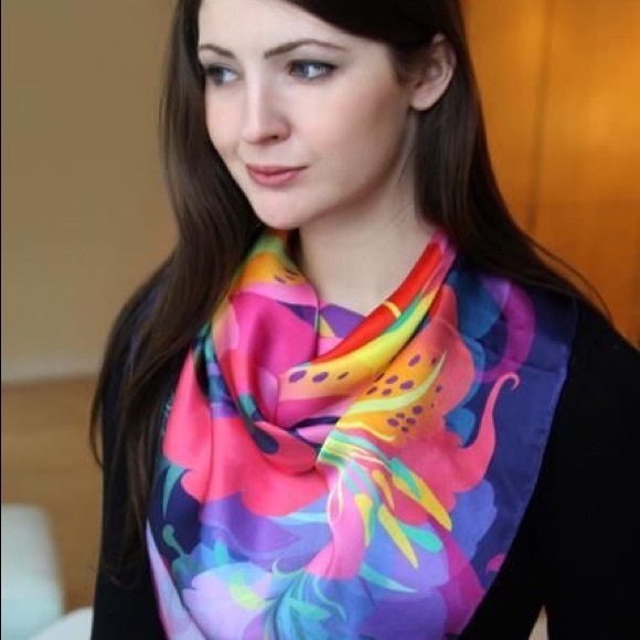 100% silk square scarf pink purple wrap"No Regrets" - tiger lily - Picture 5 of 8