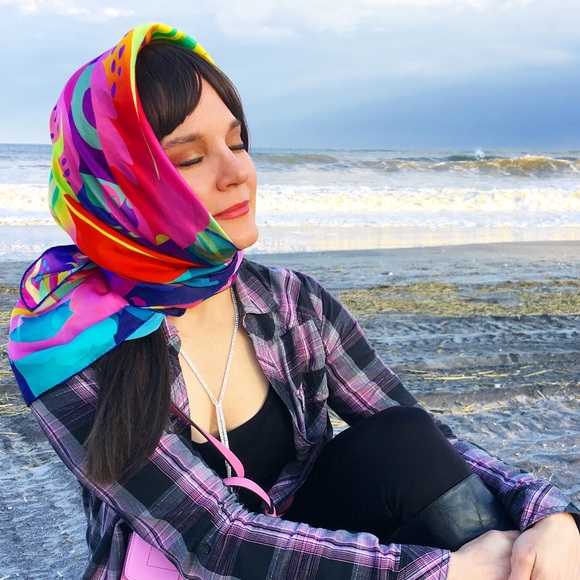 100% silk square scarf pink purple wrap"No Regrets" - tiger lily - Picture 8 of 8