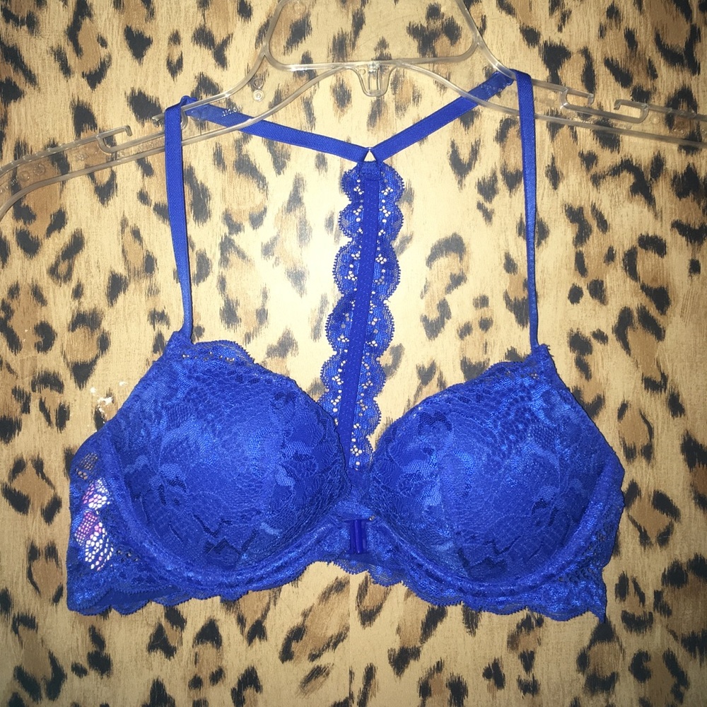 VS Pink Blue Date Night Racer Back Lace Bra