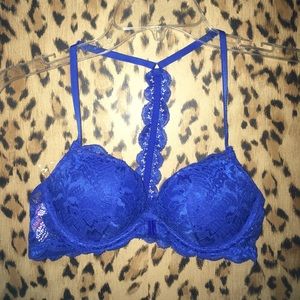 VS Pink Blue Date Night Racer Back Lace Bra