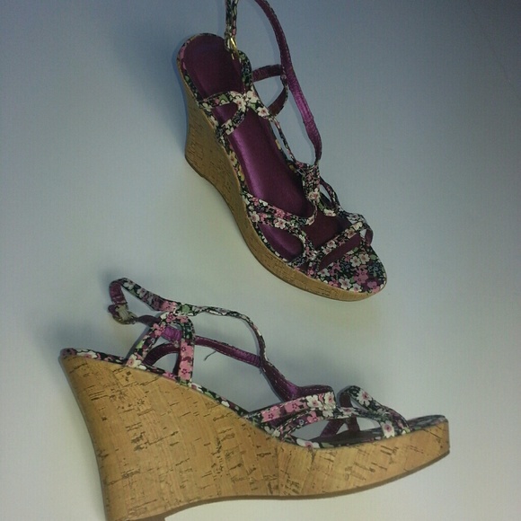 Shoes - Black & Purple Floral Cork Wedge Sandals Shoes - Black & Purple Floral Cork Wedge Sandals