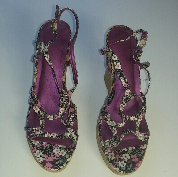 Shoes - Black & Purple Floral Cork Wedge Sandals Shoes - Black & Purple Floral Cork Wedge Sandals