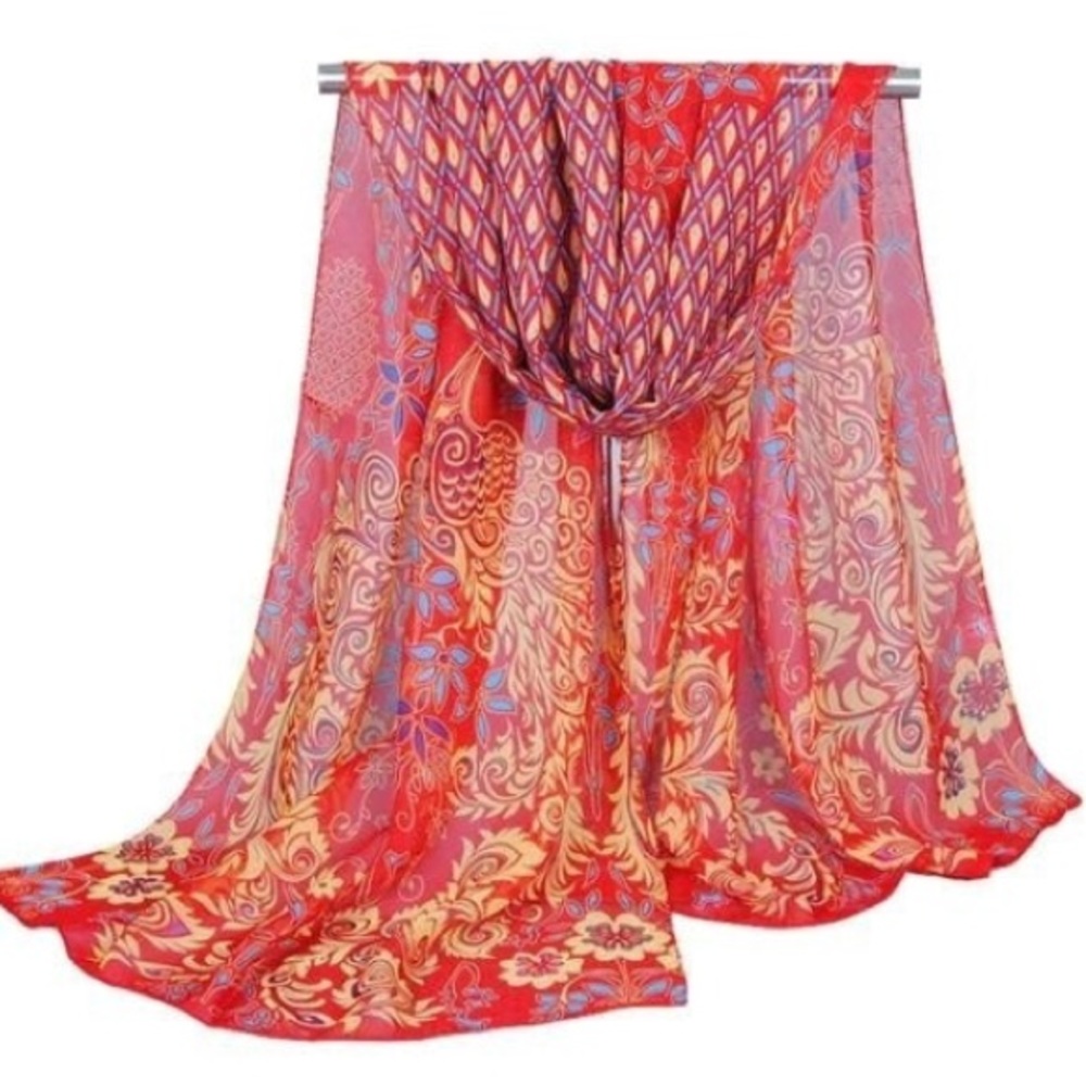 Beautiful Red Peacock Chiffon Floral Scarf.