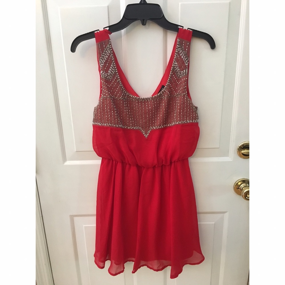 Beaded Red Chiffon Dress