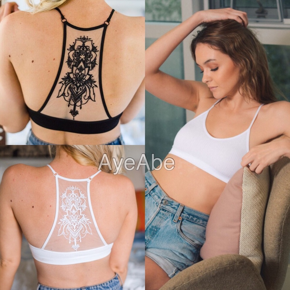 Black Bralette Bra Lace Strappy Tattoo Sheer Sexy - Picture 4 of 8